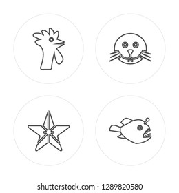 4 line Cock, Starfish, Seal, Angler modern icons on round shapes, Cock, Starfish, Seal, Angler vector illustration, trendy linear icon set.