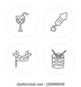 4 line Cocktail, Eye mask, Fireworks, Drum modern icons on round shapes, Cocktail, Eye mask, Fireworks, Drum vector illustration, trendy linear icon set.