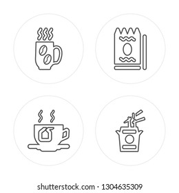 4 line Coffee cup, Tea, Snack, Noodles modern icons on round shapes, Coffee cup, Tea, Snack, Noodles vector illustration, trendy linear icon set.