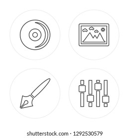 4 line Compact disc, Pen, Image, Settings modern icons on round shapes, Compact disc, Pen, Image, Settings vector illustration, trendy linear icon set.