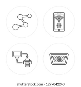 4 line Connections, Print, Wireless internet, Vga modern icons on round shapes, Connections, Print, Wireless internet, Vga vector illustration, trendy linear icon set.