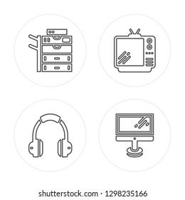 4 line Copy machine, Headphones, Television, Monitor modern icons on round shapes, Copy machine, Headphones, Television, Monitor vector illustration, trendy linear icon set.