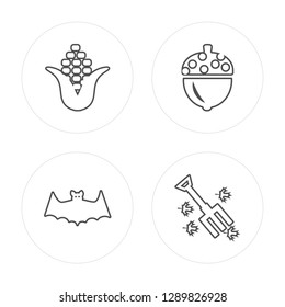4 line Corn, Bat, Acorn, Rake modern icons on round shapes, Corn, Bat, Acorn, Rake vector illustration, trendy linear icon set.