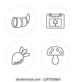 4 Line Cornucopia, Beet, Thanksgiving, Mushroom Modern Icons On Round Shapes, Cornucopia, Beet, Thanksgiving, Mushroom Vector Illustration, Trendy Linear Icon Set.