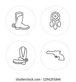 4 line Cowboy hat, Boot, Native american, Dreamcatcher modern icons on round shapes, Cowboy hat, Boot, Native american, Dreamcatcher vector illustration, trendy linear icon set.