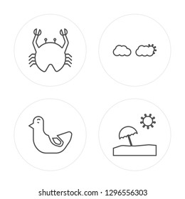 4 line Crab, Duck, Cloudy, Sun umbrella modern icons on round shapes, Crab, Duck, Cloudy, Sun umbrella vector illustration, trendy linear icon set.