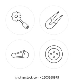 4 line Cutting tool, Safety pin, Pliers, Button modern icons on round shapes, Cutting tool, Safety pin, Pliers, Button vector illustration, trendy linear icon set.