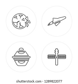 4 line Destroyed planet, Ufo, Space shuttle, Space station modern icons on round shapes, Destroyed planet, Ufo, Space shuttle, Space station vector illustration, trendy linear icon set.