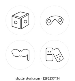 4 line Dice, Eye mask, Gamepad, Domino modern icons on round shapes, Dice, Eye mask, Gamepad, Domino vector illustration, trendy linear icon set.