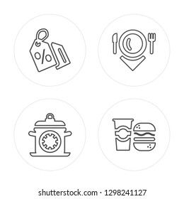 4 line Discount, Cooking time, Hot dish, Taco modern icons on round shapes, Discount, Cooking time, Hot dish, Taco vector illustration, trendy linear icon set.
