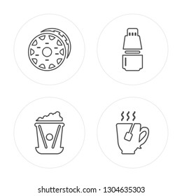 4 line Doughnut, Popcorn, Yogurt, Tea modern icons on round shapes, Doughnut, Popcorn, Yogurt, Tea vector illustration, trendy linear icon set.