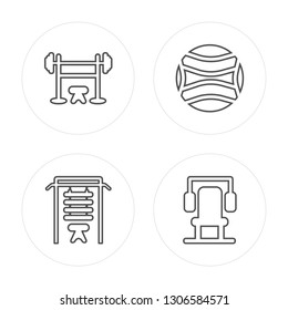 4 line Dumbbell, Machine, Ball, Machine modern icons on round shapes, Dumbbell, Machine, Ball, Machine vector illustration, trendy linear icon set.