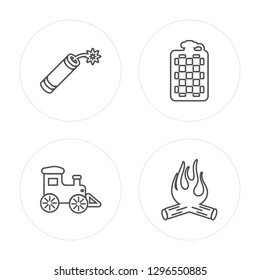 4 line Dynamite, Locomotive, Flask, Bonfire modern icons on round shapes, Dynamite, Locomotive, Flask, Bonfire vector illustration, trendy linear icon set.