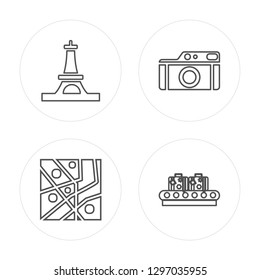 4 line Eiffel tower, Map, Camera, Luggage modern icons on round shapes, Eiffel tower, Map, Camera, Luggage vector illustration, trendy linear icon set.