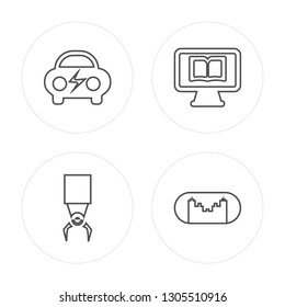4 line Electric car, Mechanical arm, Online learning, Cityscape modern icons on round shapes, Electric car, Mechanical arm, Online learning, Cityscape vector illustration, trendy linear icon set.