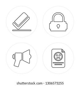 4 line Eraser, Communications, Padlock, Complaint modern icons on round shapes, Eraser, Communications, Padlock, Complaint vector illustration, trendy linear icon set.