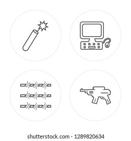 4 line Explosive, Barbed wire, Computer, Rifle modern icons on round shapes, Explosive, Barbed wire, Computer, Rifle vector illustration, trendy linear icon set.