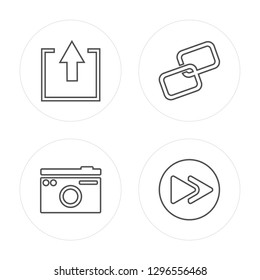 4 line Export, Photo camera, Link, Forward modern icons on round shapes, Export, Photo camera, Link, Forward vector illustration, trendy linear icon set.