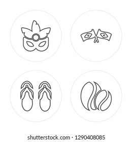 4 line Eye mask, Flip flops, Flags, Coffee beans modern icons on round shapes, Eye mask, Flip flops, Flags, Coffee beans vector illustration, trendy linear icon set.