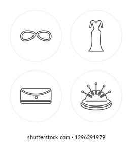 4 line Eyeglasses, Rectangular, Female long black dress modern icons on round shapes, Eyeglasses, Rectangular, Female long black dress, Needle case vector illustration, trendy linear icon set.
