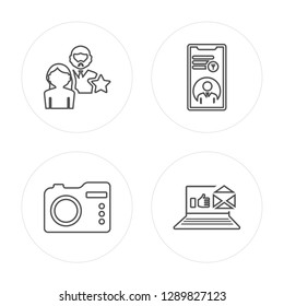 4 line Famous, Camera, Filter, Post modern icons on round shapes, Famous, Camera, Filter, Post vector illustration, trendy linear icon set.