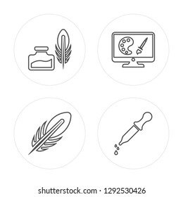 4 line Feather and Ink, Feather, Computer Screen, Eyedropper modern icons on round shapes, Feather and Ink, Feather, Computer Screen, Eyedropper vector illustration, trendy linear icon set.