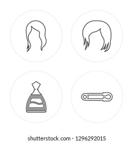 4 line Female long black hair, Perfume, Shoulder length modern icons on round shapes, Female long black hair, Perfume, Shoulder length, Perdible pin vector illustration, trendy linear icon set.