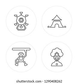 4 line Ferris Wheel, Circus Monkey, Circus Tent, Clown with Hat modern icons on round shapes, Ferris Wheel, Circus Monkey, Circus Tent, Clown with Hat vector illustration, trendy linear icon set.
