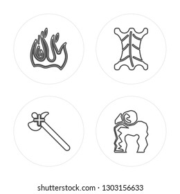 4 line Fire, Axe, Skin, Dolmen modern icons on round shapes, Fire, Axe, Skin, Dolmen vector illustration, trendy linear icon set.