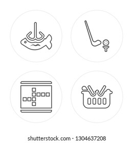 4 line Fishing, Crossword, Golf, Picnic modern icons on round shapes, Fishing, Crossword, Golf, Picnic vector illustration, trendy linear icon set.