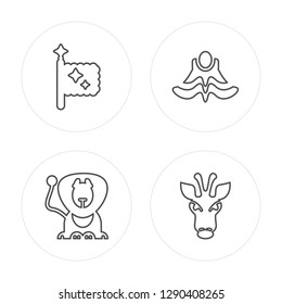 4 line Flag, Circus Lion, Circus Dress, Giraffe modern icons on round shapes, Flag, Circus Lion, Circus Dress, Giraffe vector illustration, trendy linear icon set.