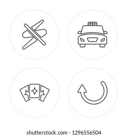 4 line Flash Off, Three Cards, Taxi Fron View modern icons on round shapes, Flash Off, Three Cards, Taxi Fron View, Reload Circular Arrow vector illustration, trendy linear icon set.