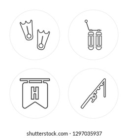 4 line Flippers, Hotel, Oxygen, Fishing rod modern icons on round shapes, Flippers, Hotel, Oxygen, Fishing rod vector illustration, trendy linear icon set.