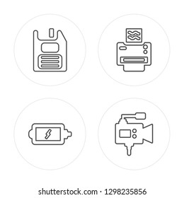 4 line Floppy Disk, Charging Battery, Printer, Video Camera modern icons on round shapes, Floppy Disk, Charging Battery, Printer, Video Camera vector illustration, trendy linear icon set.