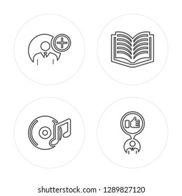 4 line Follow, Vinyl, Literature, Like modern icons on round shapes, Follow, Vinyl, Literature, Like vector illustration, trendy linear icon set.