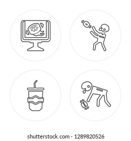 4 line Football tv program, Soda glass with a straw modern icons on round shapes, Football tv program, Soda glass with a straw, vector illustration, trendy linear icon set.