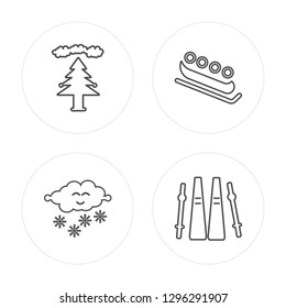 4 line Forest, Snowing, Bobsled, Ski modern icons on round shapes, Forest, Snowing, Bobsled, Ski vector illustration, trendy linear icon set.