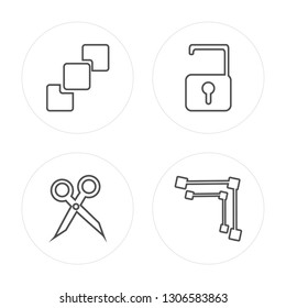 4 line Front, Trim, Unlock, Construction modern icons on round shapes, Front, Trim, Unlock, Construction vector illustration, trendy linear icon set.