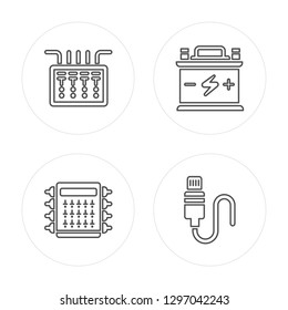 4 line Fuse box, Fuse box, Battery, Apple modern icons on round shapes, Fuse box, Fuse box, Battery, Apple vector illustration, trendy linear icon set.