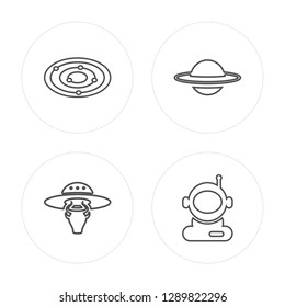4 line Galaxy View, UFO and Cow, Saturn, Astronaut User modern icons on round shapes, Galaxy View, UFO and Cow, Saturn, Astronaut User vector illustration, trendy linear icon set.