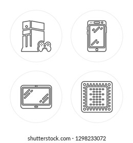 4 line Game console, Tablet, Smartphone, Chip modern icons on round shapes, Game console, Tablet, Smartphone, Chip vector illustration, trendy linear icon set.