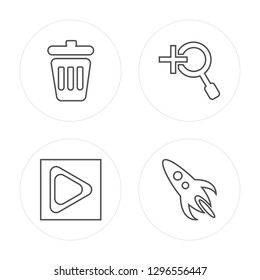 4 line Garbage, Play button, Zoom, Rocket launch modern icons on round shapes, Garbage, Play button, Zoom, Rocket launch vector illustration, trendy linear icon set.