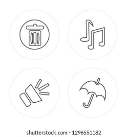 4 line Garbage, Speaker, Musical Note, Umbrella modern icons on round shapes, Garbage, Speaker, Musical Note, Umbrella vector illustration, trendy linear icon set.