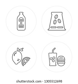 4 line Gin, Lemon, Coffee beans, Fast food modern icons on round shapes, Gin, Lemon, Coffee beans, Fast food vector illustration, trendy linear icon set.