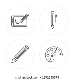 4 line Graphic tablet, Pencil, Pen, Paint palette modern icons on round shapes, Graphic tablet, Pencil, Pen, Paint palette vector illustration, trendy linear icon set.
