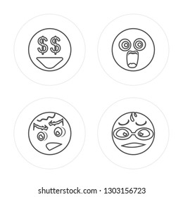 4 line Greed, Sad, Shocked, Nerd modern icons on round shapes, Greed, Sad, Shocked, Nerd vector illustration, trendy linear icon set.