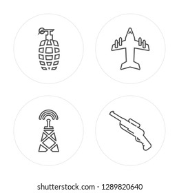 4 line Grenade, Radar, Jet, Rifle modern icons on round shapes, Grenade, Radar, Jet, Rifle vector illustration, trendy linear icon set.