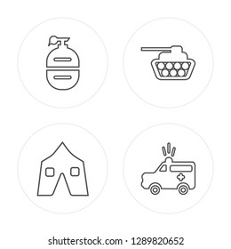 4 line Grenade, Tent, Tank, Ambulance modern icons on round shapes, Grenade, Tent, Tank, Ambulance vector illustration, trendy linear icon set.