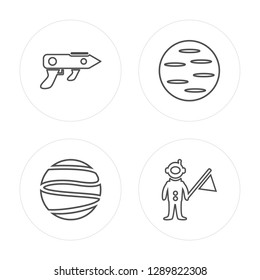 4 line Gun Blaster, Mars with Satellite modern icons on round shapes, Gun Blaster, Mars with Satellite, vector illustration, trendy linear icon set.