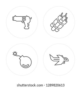4 line Gun, Bomb, Dynamite, Jet modern icons on round shapes, Gun, Bomb, Dynamite, Jet vector illustration, trendy linear icon set.